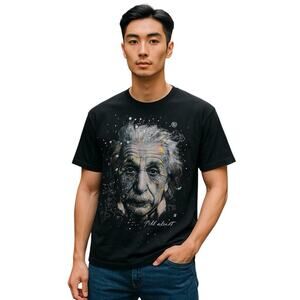 Icons Mens Black T-shirt Einstein Print Graphic Print Crew Neck Cotton Size XL
